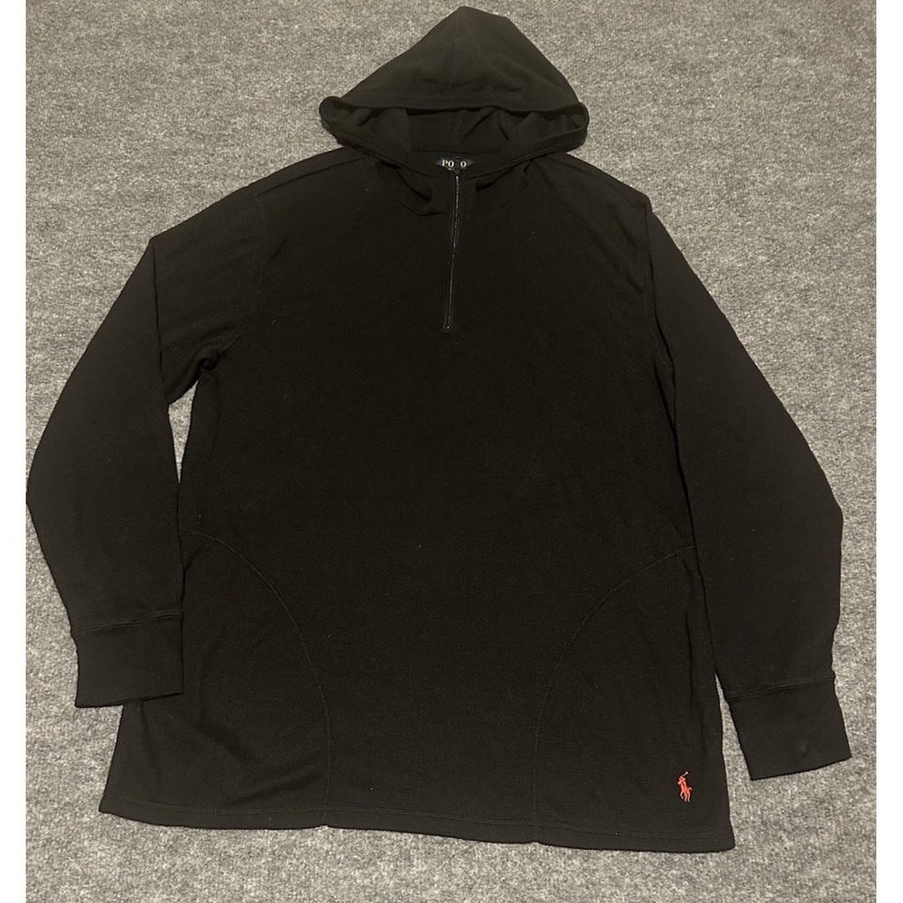Polo Ralph Lauren Men's L Black Waffle Knit Hoodie 1/4 Zip Lightweight